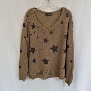 Wooden Ships V-Neck Cotton Blend Star Sweater Tan Size M/L